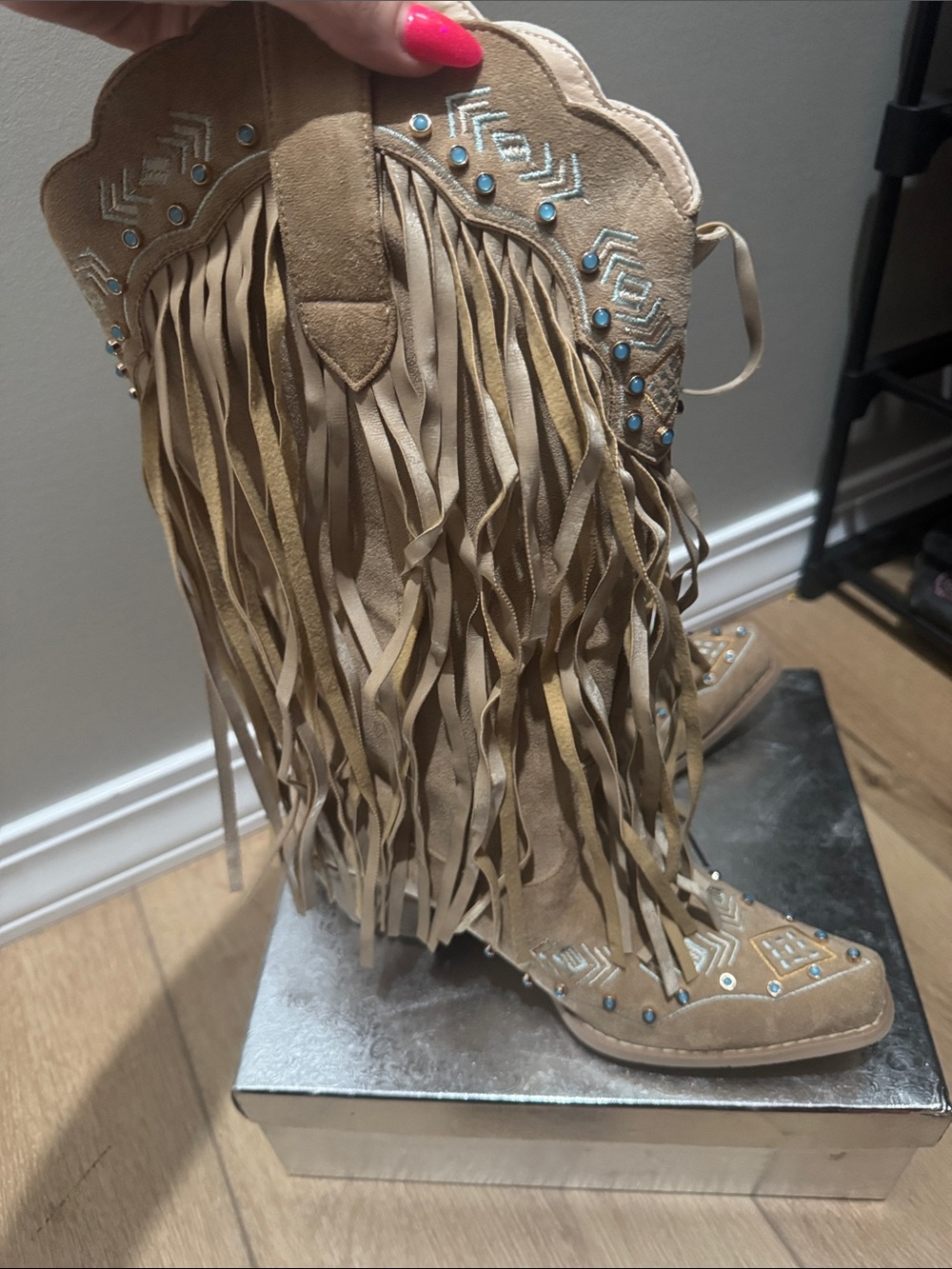 Fringed Suede Heeled Cowboy Boots in Tan with Turquoise Accents